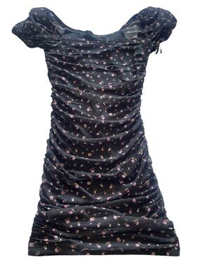 Katie J Anya Ruched Floral Mini Dress Puff Sleeve Mesh Black Pink Size Junior XL